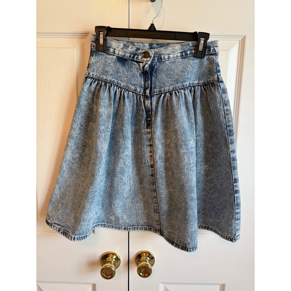 Vintage Zena Acid Wash Denim Skirt High Waisted Pleated Midi Blue 80s 90s